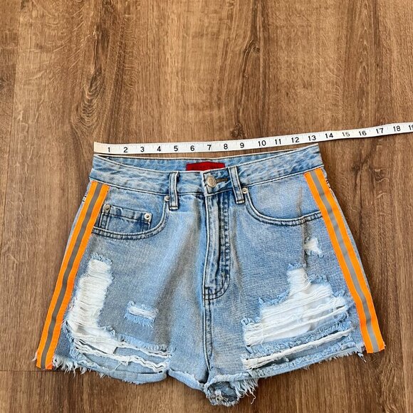 Signature 8 | Ultra High Rise Orange Reflective Distressed Jean Shorts Sz S - Picture 5 of 8
